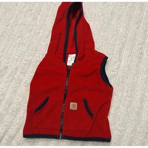 Carhartt Baby Boy Red Fleece Hooded Vest Full Zip Navy Trim 9 months